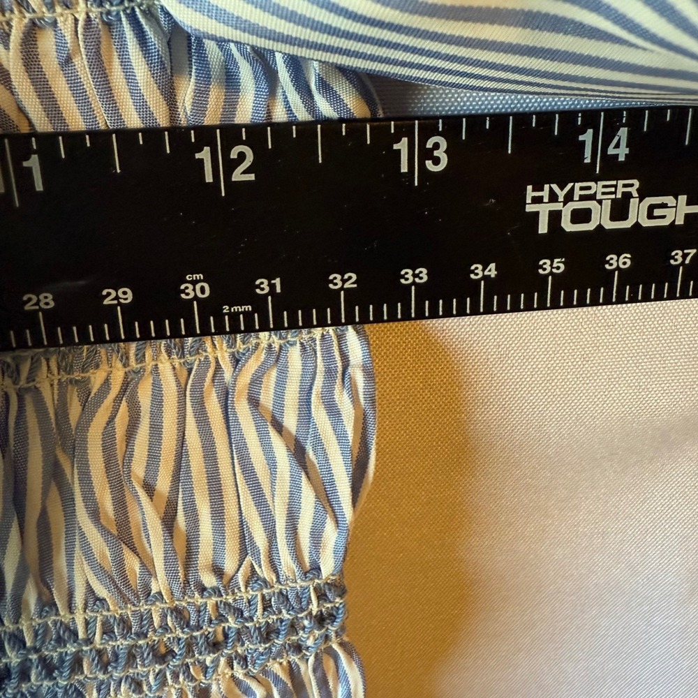 New Blue White Stripe Smocked Square Neck Peplum Crop Blouse Size L cottagecore - Picture 8 of 8